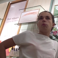 Sexy brunette Face Shop employee in black tights with a great ass notices the camera several times vlcsnap-2016-03-10-16h25m57s322.jpg