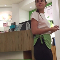 Sexy brunette Face Shop employee in black tights with a great ass notices the camera several times vlcsnap-2016-03-10-16h26m33s459.jpg