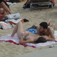 Topless girls on a beach in Barcelona 0101.jpg
