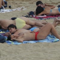 Topless girls on a beach in Barcelona 0112.jpg