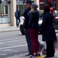 Blonde in tight red leggings and cute ass on the street Red leggings blonde on street