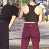 Candid brunette in maroon Lulu leggings