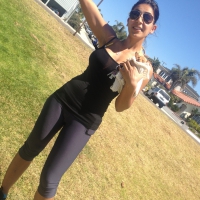 Hot babe in leggings with dog