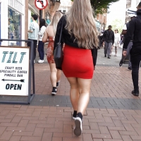 Thick blonde in red skirt