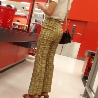 Blonde in patterned pants