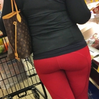 Thick blonde grocery shopping in red leggings Thick blonde red leggings