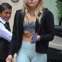 Actress Chloe Moretz in tight leggings with a nice camel toe and nipple piercings poking through her shirt Chloe Moretz camel toe and nipple piercing pokey