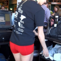 Sexy skinny blonde Dicks employee in red spandex shorts Sexy blonde Dicks employee