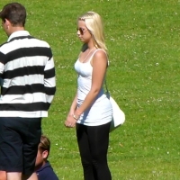 Park blonde in white top and leggings