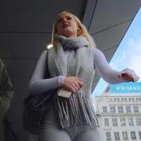 Blonde in grey flares