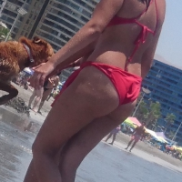 Brunette in red bikini on the beach with nice body Brunette in red bikini