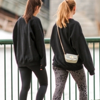 Two cute friends out walking in leggings Two cuties walking in leggings
