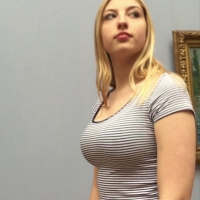 Art gallery hottie with big boobs and a nice ass in jeans Art gallery babe with big boobs