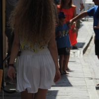 White see through skirt girl walking with white panties underneath White see through skirt
