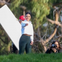 Vanessa Hudgens filming a sportswear ad in LA in tight green leggings 11.jpg