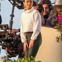 Vanessa Hudgens filming a sportswear ad in LA in tight green leggings 08.jpg