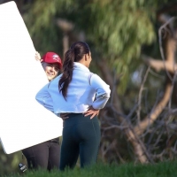 Vanessa Hudgens filming a sportswear ad in LA in tight green leggings 28.jpg