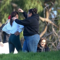 Vanessa Hudgens filming a sportswear ad in LA in tight green leggings 27.jpg