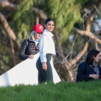 Vanessa Hudgens filming a sportswear ad in LA in tight green leggings 73.jpg