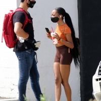Skai Jackson at a dance studio in brown spandex shorts 06.jpg