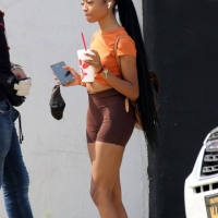 Skai Jackson at a dance studio in brown spandex shorts 11.jpg