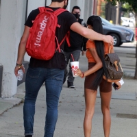 Skai Jackson at a dance studio in brown spandex shorts 09.jpg