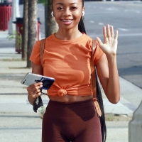 Skai Jackson at a dance studio in brown spandex shorts 15.jpg