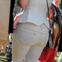 Festival mature blonde in white jeans Festival blonde in jeans