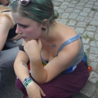 Green hair and cleavage