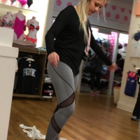 Blonde Pink employee with nice ass in grey leggings Blonde Pink employee in leggings