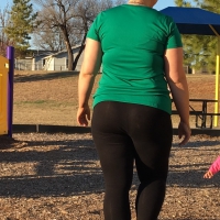 Thick milf at the playground in see through leggings with thong on Thick milf in see through leggings