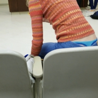 Skinny college girl in tight jeans and showing her blue whale tail Skinny college blonde in jeans and blue thong