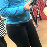 Big booty blonde lady shopping in tight leggings Big booty blonde lady in leggings