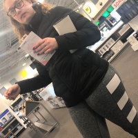 Thick girl shopping at Best Buy with glasses and in leggings Thick Best Buy babe in leggings