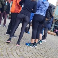 Couple of girls standing around in leggings with vpl and semi see through vtl Couple girls in leggings with vpl and vtl