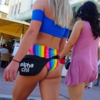 Blonde in rainbow bikini bottom