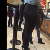 Thick blonde ass in leggings at Chick-fil-A
