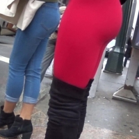 Asian in red spandex