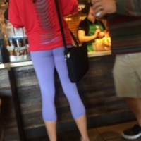 Starbucks milf sexy in light purple leggings with decent ass and mound Starbucks milf in purple leggings