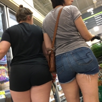Big booty daughter in spandex shorts shopping with mom in denim shorts Big booty daughter