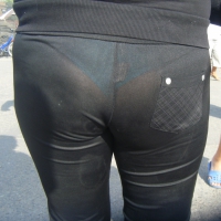 See through black pants showing girls blue thong See through black pants