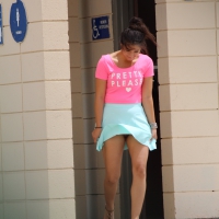 Hot girl with no panties on gets wind gust showing her pussy Hot girl in skirt with no panties