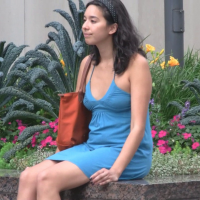 Braless teen in blue dress