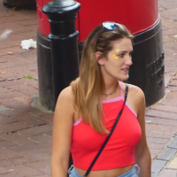 Braless in red top