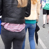 Sexy blonde in tight dark grey jeans