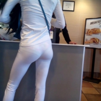 Sexy brunette in see through leggings at Taco Bell