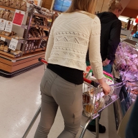 Hot skinny blonde shopping in tight grey pants with vpl Hot blonde in tight grey pants
