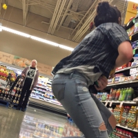 Sexy brunette grocery shopping in tight jeans Tight jeans brunette shopping