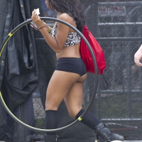 Sexy black teen hula hoop girl in tiny black shorts showing her cheeks Sexy black teen in little shorts