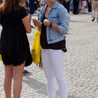 Various candid beautiful women in different outfits in public 98482383@N03_48703684816_White Jeans, Blue Jacket 2.jpg